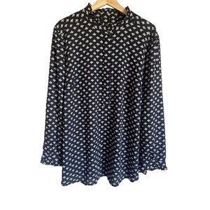 LOFT Plus Size 22 Black Cream Fan Print Blouse Top Long Sleeve Ruffle